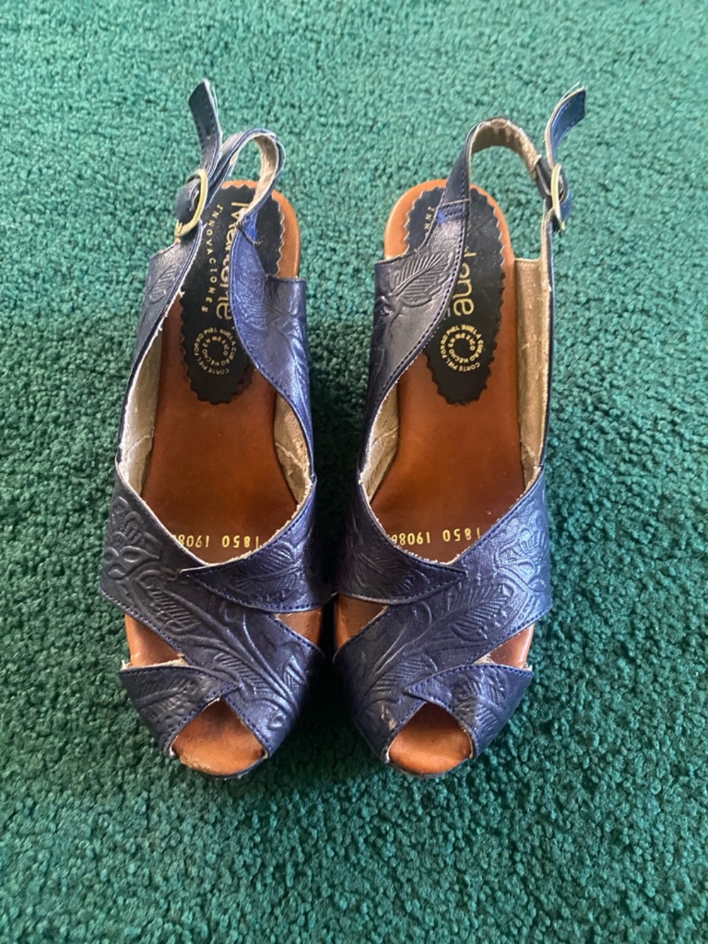 Leather Embossed Navy Slingback Wedge Sandals
